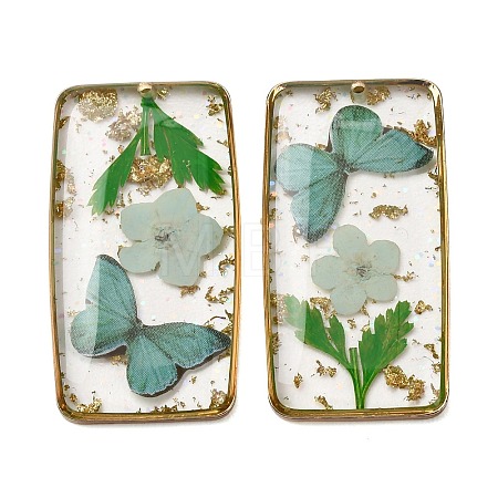 Brass & Transparent Epoxy Resin & Dried Flower Pendants RESI-G133-01G-02-1