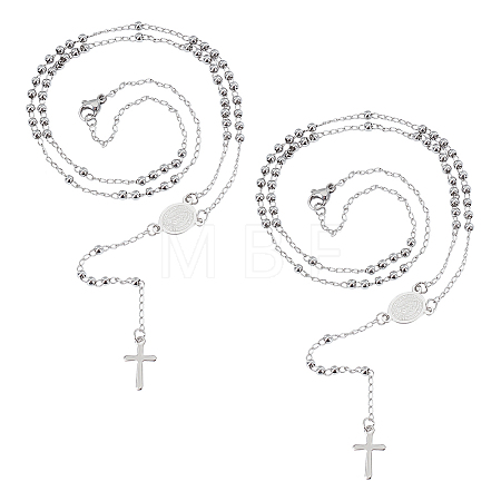 2Pcs 304 Stainless Steel Rosary Bead Necklaces Set For Easter NJEW-UN0001-43-1