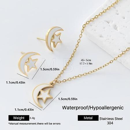 304 Stainless Steel Enamel Moon Star Pendant Necklace & Stud Earrings Set for Women FZ5218-4-1