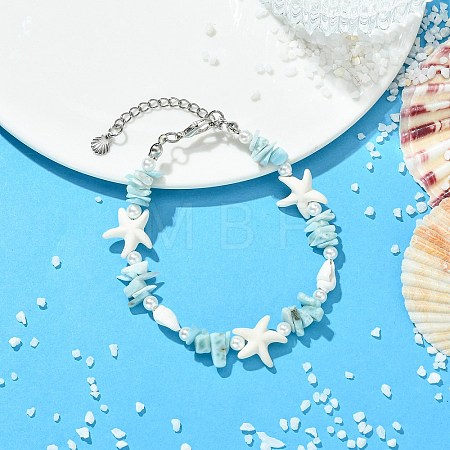 Shell Pearl & Synthetic Turquoise & Natural Larimar Beaded Bracelets for Women BJEW-JB14111-1