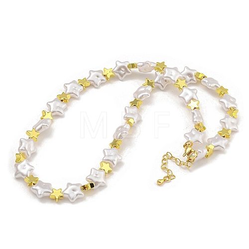 Rack Plating Brass & ABS Plastic Pearl Beads Star Beaded Necklaces for Women NJEW-C059-19G-1