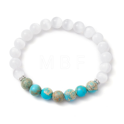 8mm Round Dyed Natural Imperial Jasper & Selenite Beaded Stretch Bracelets for Women Men BJEW-JB10768-1