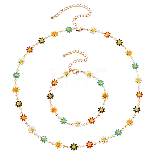 ANATTASOUL 2Pcs 2 Style Enamel Daisy Flower Link Chain Bracelet & Necklace SJEW-AN0001-14-1