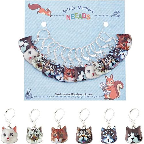 12Pcs 6 Style Zinc Alloy Enamel Cat Charm Locking Stitch Markers HJEW-PH01530-1