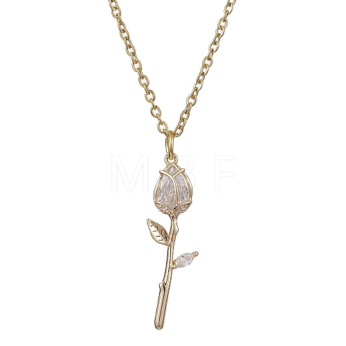 Rose Flower Brass Cubic Zirconia Pendant Necklaces NJEW-JN05055-02-1