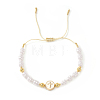 Adjustable Brass Flat Round with Religion Cross & Imitation Pearl Braided Bead Bracelets for Women FT2047-6