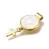 Brass Pave Natural White Shell Flat Round with Cross Pendants KK-C090-40G-04-3