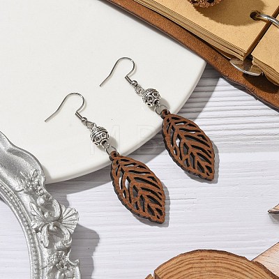 Leaf Natural Walnut Wood Dangle Earrings EJEW-JE06102-01-1