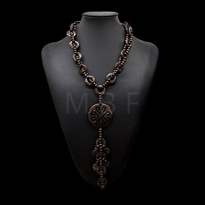 Boho Coconut & Wood Handmade Ethnic Disc Pendant Long Tassel Beaded Necklaces for Beach Vacation WG5E79D-01-1