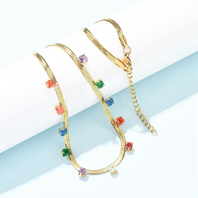 304 Stainless Steel Flat Snake Chain Necklaces with Square Cubic Zirconia NJEW-P355-02G-02-1