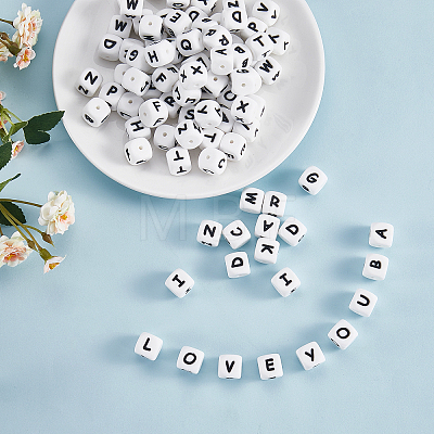 20Pcs White Cube Letter Silicone Beads 12x12x12mm Square Dice Alphabet Beads with 2mm Hole Spacer Loose Letter Beads for Bracelet Necklace Jewelry Making JX432E-1