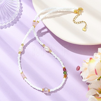 Natural Rose Quartz Heishi Beads & Rice Natural Pearl & Glass Seed Beaded Necklaces NJEW-JN06249-03-1