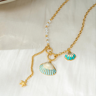 Summer Beach 304 Stainless Steel Enamel Shell Shape Pendant Necklaces with White Plastic Pearl for Women WGC94A0-01-1