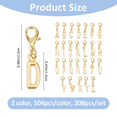 208Pcs 2 Colors Alloy Letter A~Z Pendant Decorations HJEW-FH00304-1