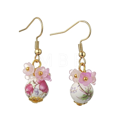 Handmade Flower Printed Porcelain Ceramic Dangle Earrings EJEW-JE07288-1