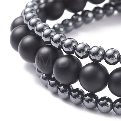 3Pcs 3 Style Round Synthetic Black Stone & Hematite Beaded Stretch Bracelets Set BJEW-JB07688-02-1