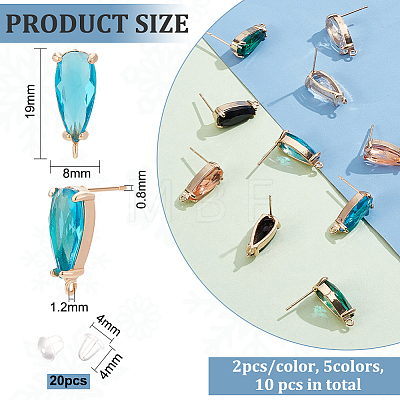 10Pcs 5 Color K9 Glass Teardrop Stud Earring Findings KK-BC0011-45-1