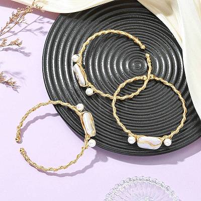 Twisted Wire Wrapped Natural Baroque Keshi Pearl Cuff Bangles for Women BJEW-JB13961-1