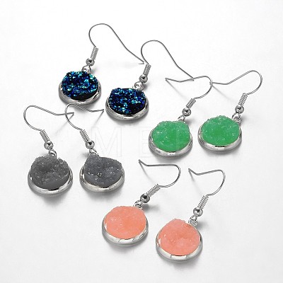 Silver Color Plated Flat Round Brass Druzy Resin Dangle Earrings EJEW-JE01664-1