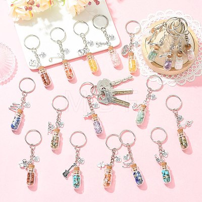 20Pcs Glass Bottle with Natural & Synthetic Gemstone Chip Keychains KEYC-CJ00014-1