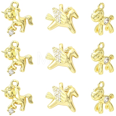 9Pcs 3 Styles Brass Micro Pave Clear Cubic Zirconia Charms KK-YW0004-65-1