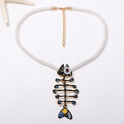 Summer Beach Alloy Enamel Fishbone Pendant Twisted Polyester Cord Pendant Necklaces for Women WG1415D-02-1