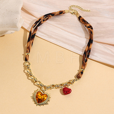 Alloy Enamel and Plastic Heart Pendant Leopard Print Cloth Scarf Necklacess for Women WG2FAF8-03-1