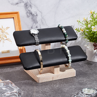 PU Leather 2-Tier T-Bar Bracelet Display Stands with Wooden Base BDIS-WH0010-09B-1