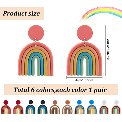 ANATTASOUL 6 Pairs 6 Colors Polymer Clay Arch Dangle Stud Earrings for Women EJEW-AN0004-33-1