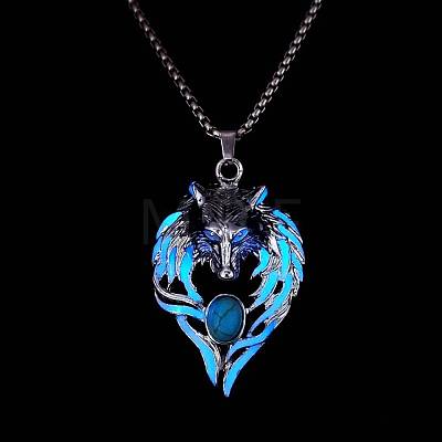 Luminous Glow In The Dark Enamel Wolf Pendant Necklace with Synthetic Turquoise Beaded X-LUMI-PW0006-66A-1
