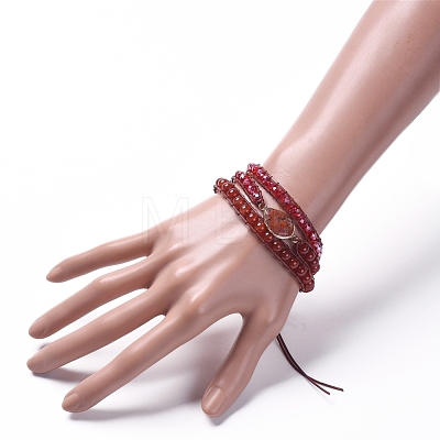 Faceted Glass & Natural Carnelian(Dyed & Heated) Beaded Wrap Bracelets BJEW-JB05035-02-1