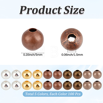 500Pcs 5 Colors Brass Smooth Round Beads KK-PA0001-19-1