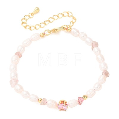 Natural Strawberry Quartz Chip and Rice Natural Pearl Beaded Bracelets GG-CBA3297-13G-C-1