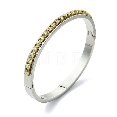 2Pcs 2 Colors Brass Crystal Rhinestone and 201 Stainless Steel Hinged Cuff Bangle Sets BJEW-JB14320-1