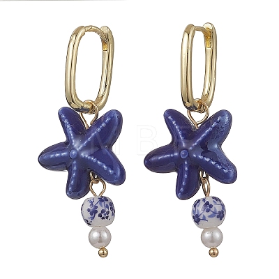 Porcelain & Shell Pearl Bead Dangle Hoop Earrings EJEW-JE07244-1