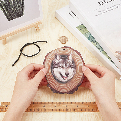 CREATCABIN 1 Set Flat Round & 3D Wolf Pattern Wooden Pendant Decorations HJEW-CN0001-17-1