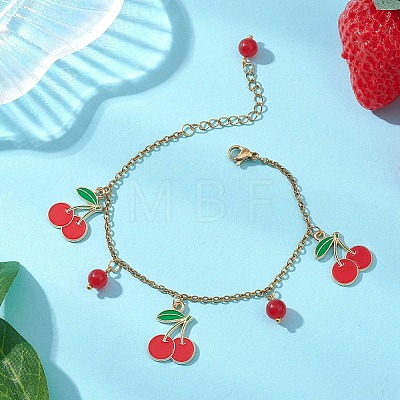 Cherry Alloy Enamel Charm Bracelets BJEW-JB13132-1