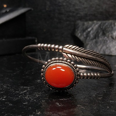 Natural Agate Beaded Cuff Bangles BJEW-C146-02-1