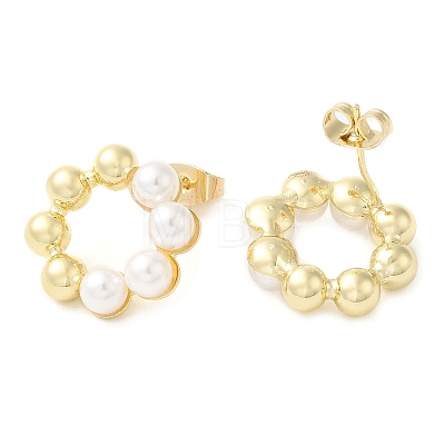 Rack Plating Brass Hollow Ring Stud Earrings with ABS Plastic Imitation Pearl Beaded EJEW-M225-09G-1