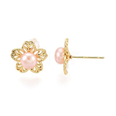 Flower Brass Natural Pearl Stud Earrings PEAR-N017-07F-1