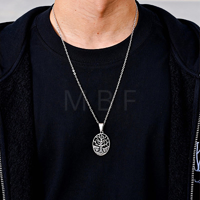 Vintage 304 Stainless Steel Hollow Oval with Tree of Life Pendant Necklaces WG4D9D4-01-1