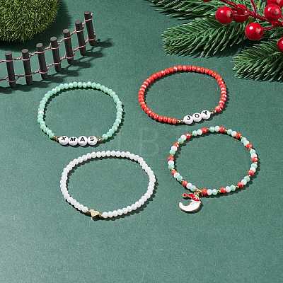 4Pcs 4 Style Glass Stretch Bracelets Set with Word Xmas Joy Acrylic Beads BJEW-TA00126-1