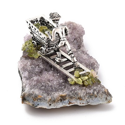 Natural Peridot Cluster & Alloy Miner Model Ornament DJEW-D002-03AS-01-1