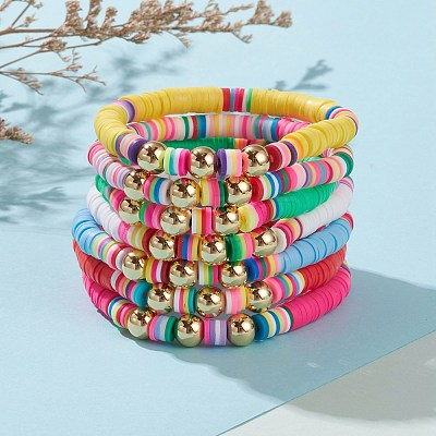 7Pcs Rainbow Polymer Clay Heishi Beads Stretch Bracelets Set BJEW-JB05889-1