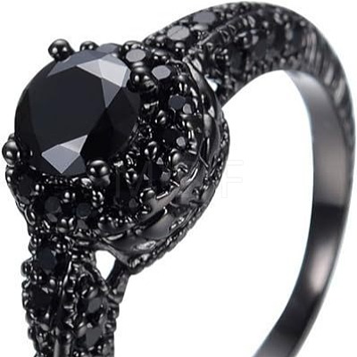 Flat Round Brass Jet Rhinestone Finger Rings FS-WG232E0-03-1