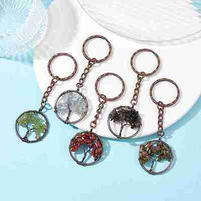 Brass Wire Wrapped Natural & Synthetic Mixed Stone Pendant Keychain KEYC-JKC00655-1