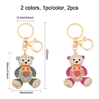 2Pcs 2 Colors Cartoon Heart Bear Rhinestone Pendant Keychain KEYC-CA0001-47-1