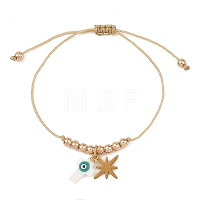 Religion Natural Shell Enamel Evil Eye and Stainless Steel Charm Nylon Cord Braided Bracelets BJEW-JB14285-1