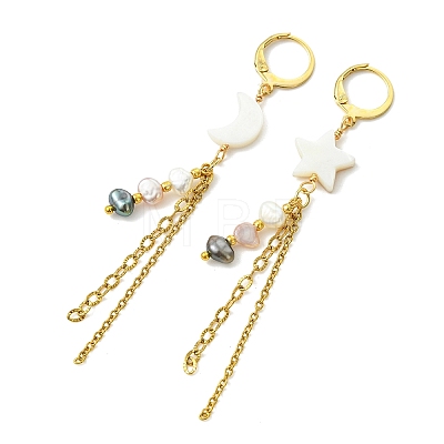 Star & Moon Natural Freshwater Shell Asymmetrical Earrings EJEW-JE07144-1