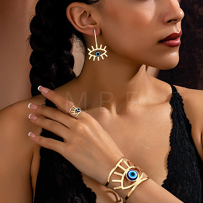 Hollow Out Evil Eye Alloy Resin Cuff Bangles & Cuff Rings & Stud Earrings Sets FS-WG3F92B-01-1